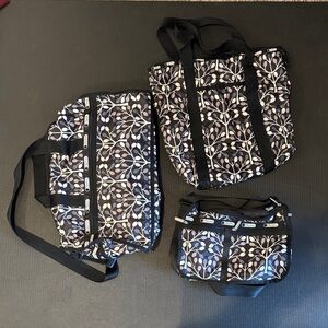 LeSportsac Arbor Tree Black and White Leaf Pattern Duffle, Purse, and Tote Set 3